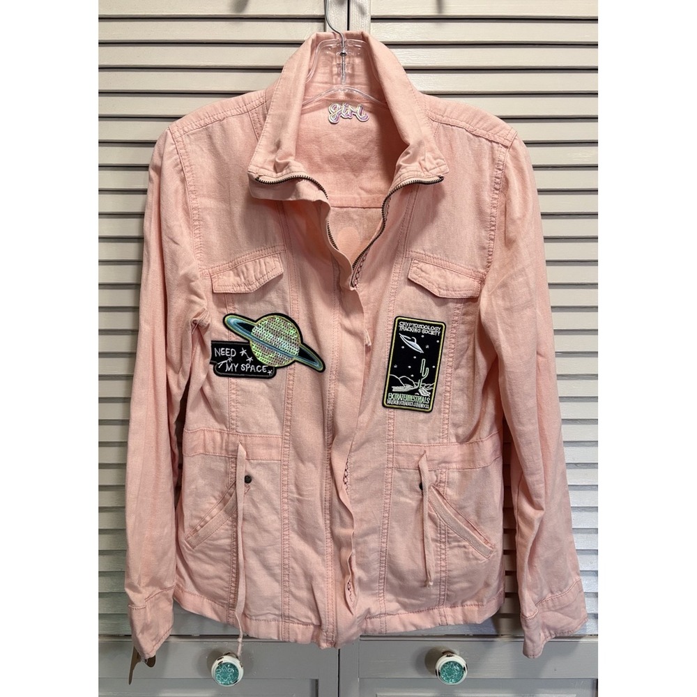 Utility Jacket Womens Peach Size Medium Pockets Tie Waist Patches Embroidered